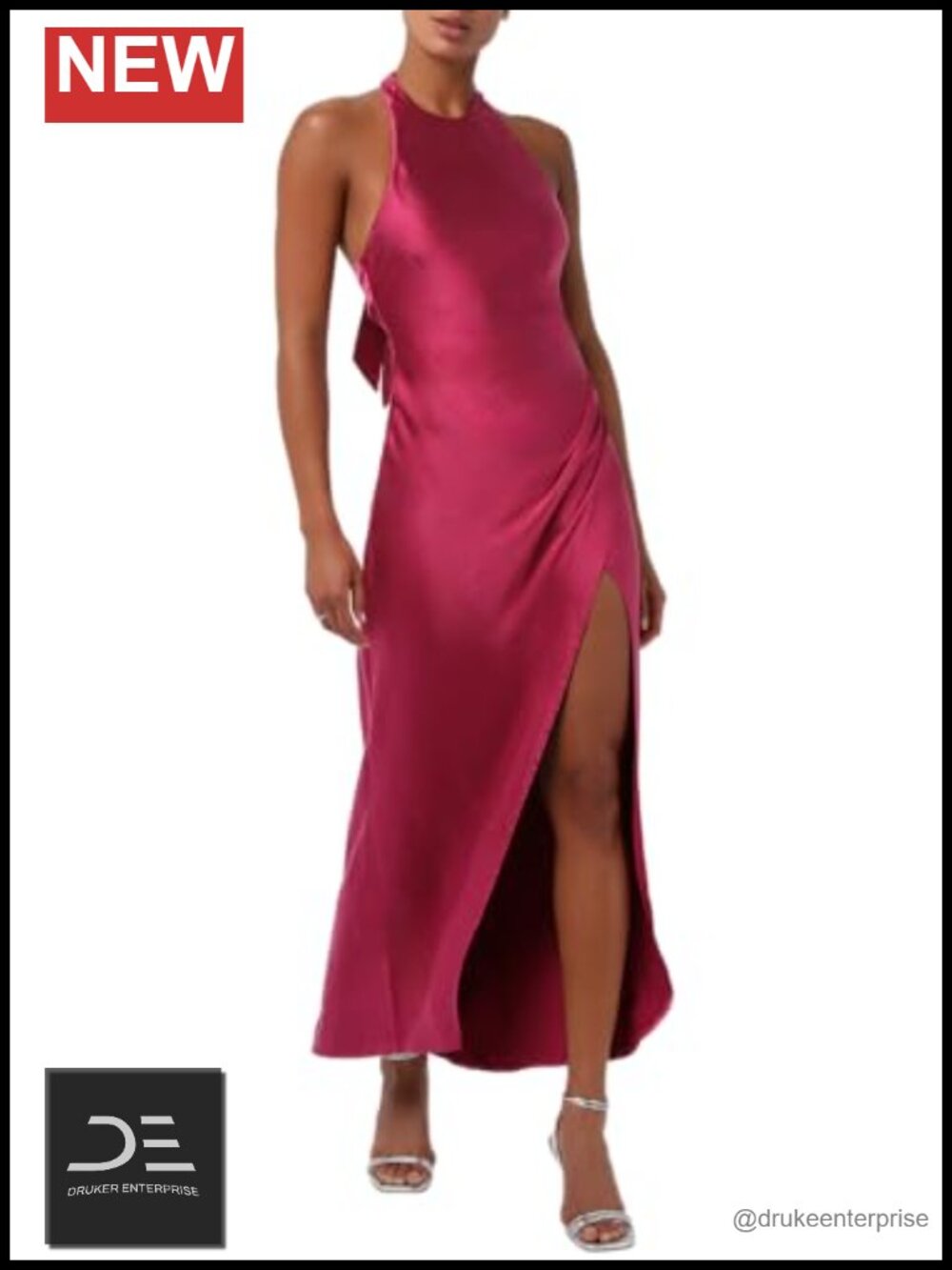 Satin Halter Maxi Dress with Open Back & Side Slit Formal
